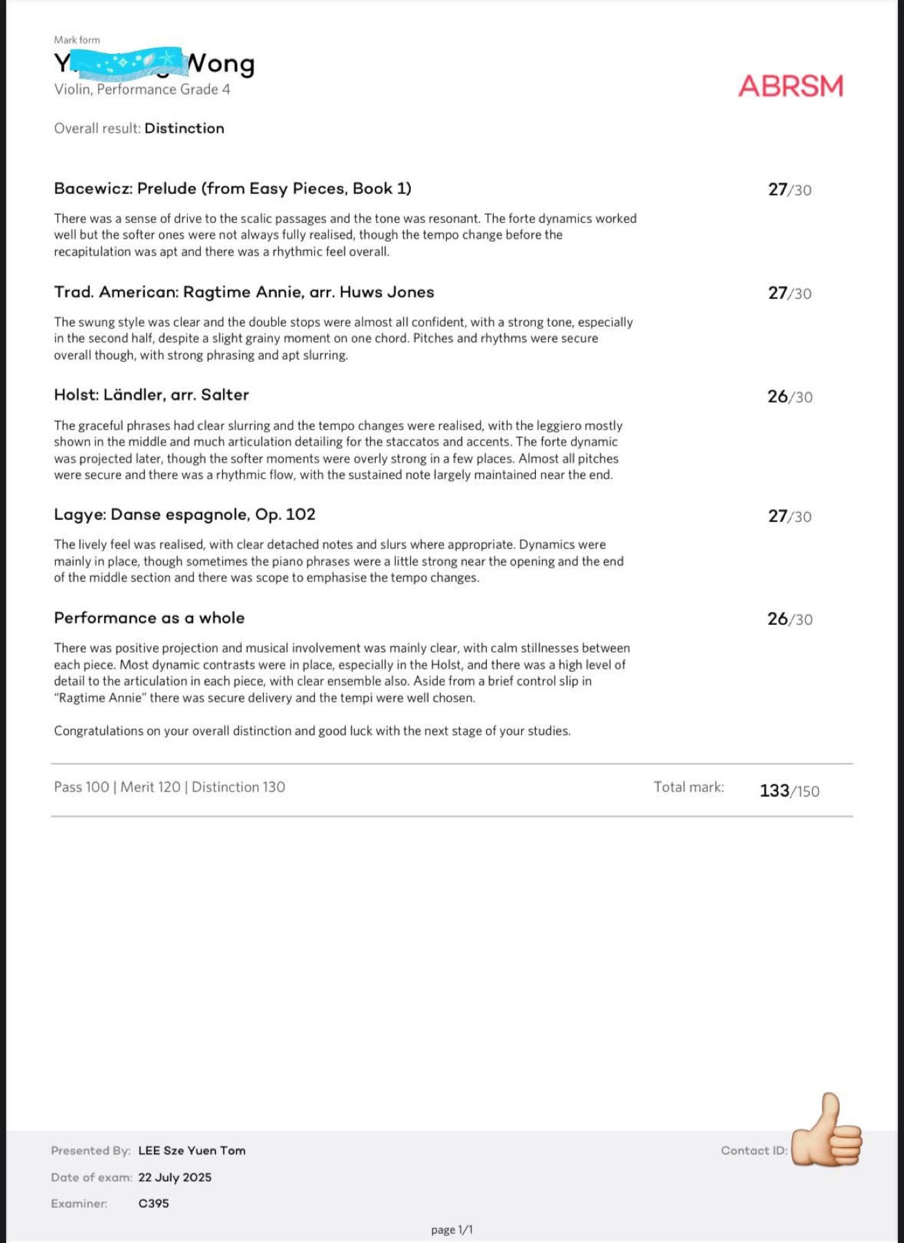 Student ABRSM Grade 4 Violin certificate, Distinction