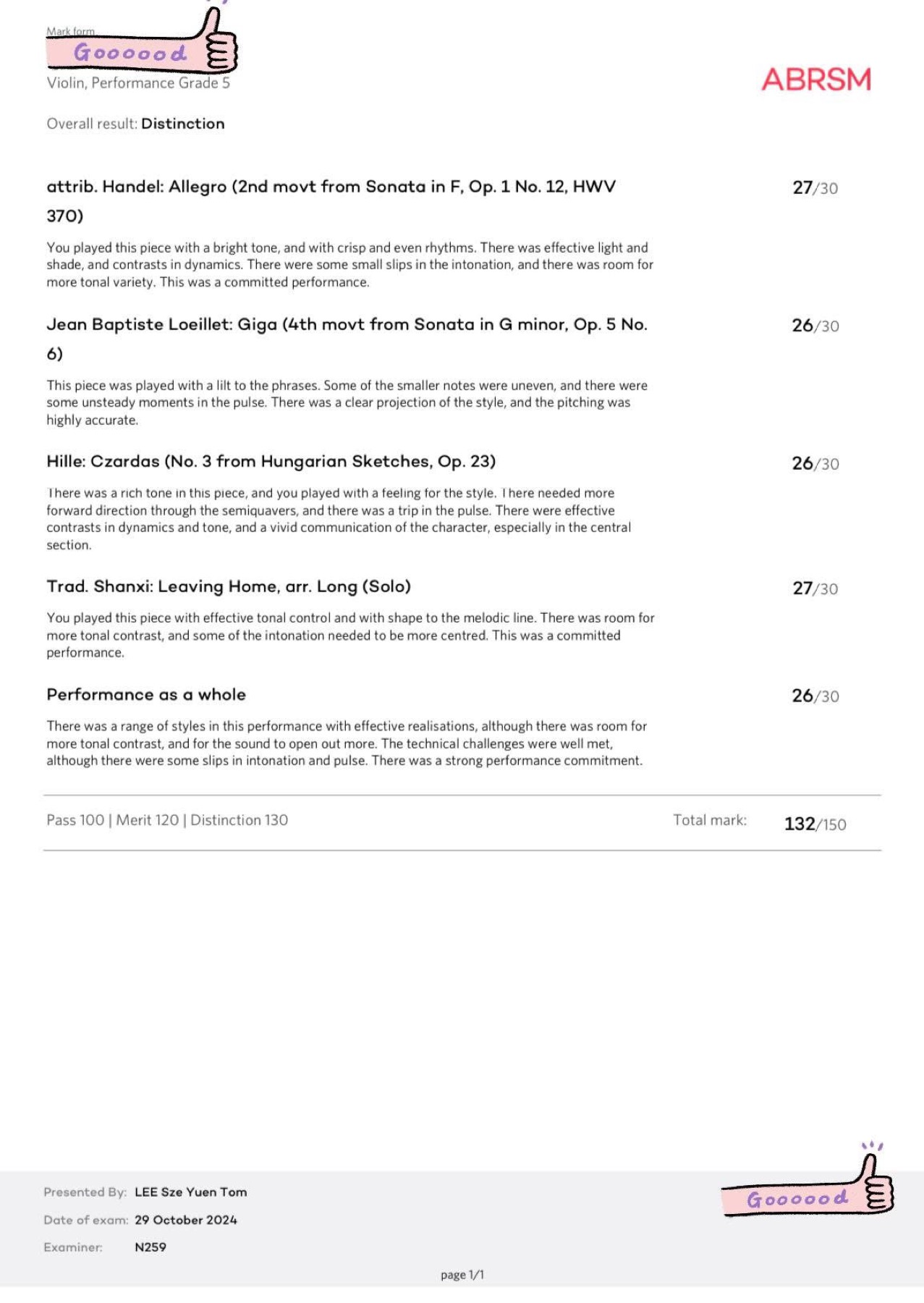 Student ABRSM Grade 5 Violin certificate, Distinction