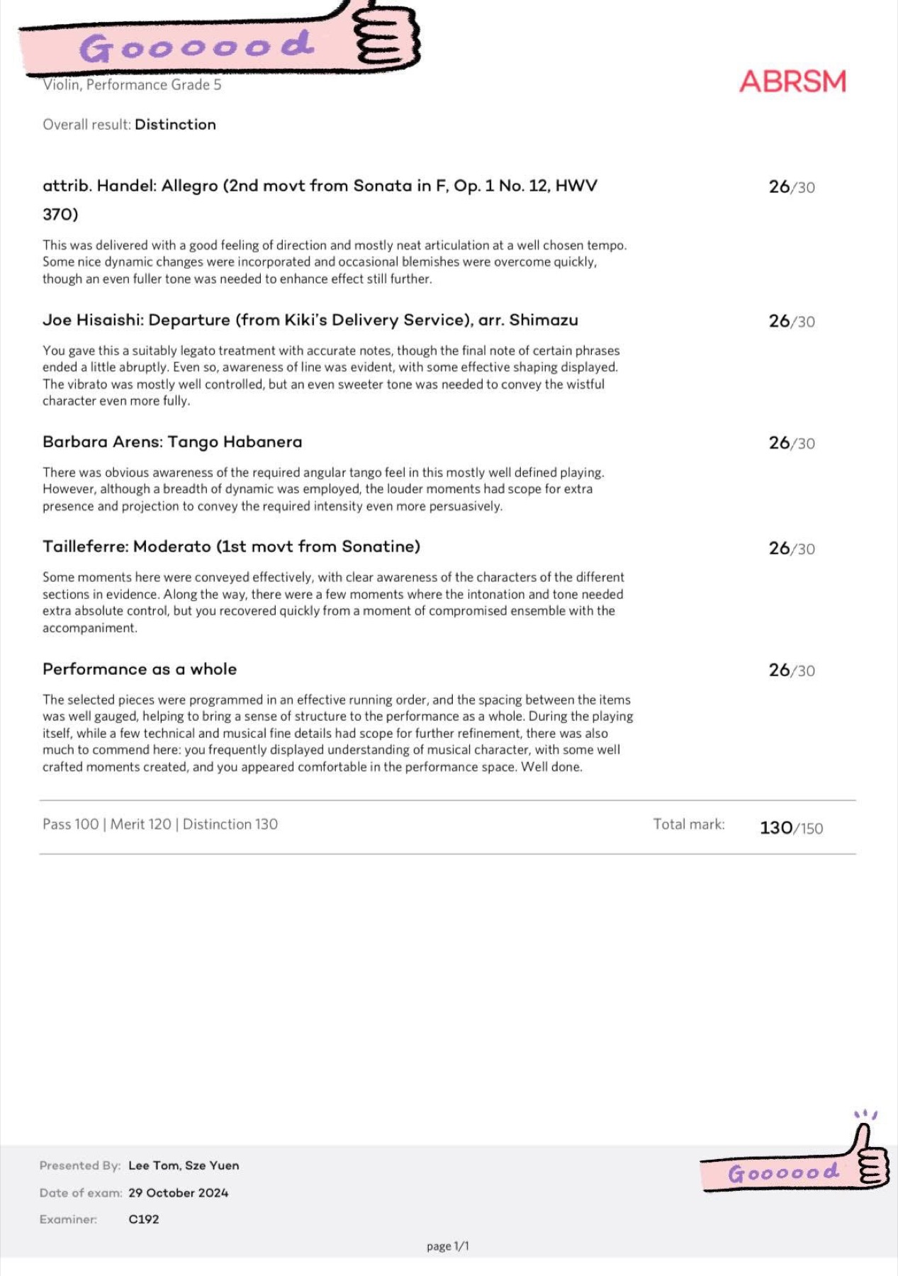 Student ABRSM Grade 5 Violin certificate, Distinction